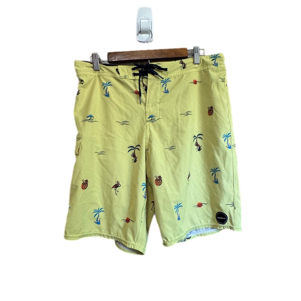 O'Neill Board‎ Shorts Men 33 Yellow Excellent Tropical Palm Flamingo Swim Trunks
